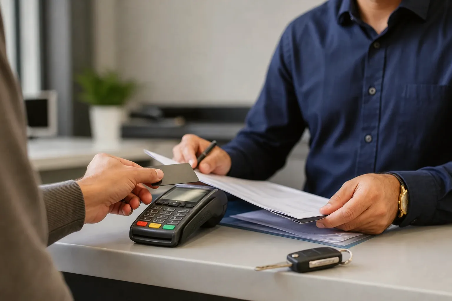 Despachante revisando débitos de veículos em Vespasiano com cliente.