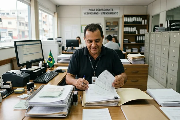 Despachante revisando documentos necessários para emplacar veículo em Vespasiano.